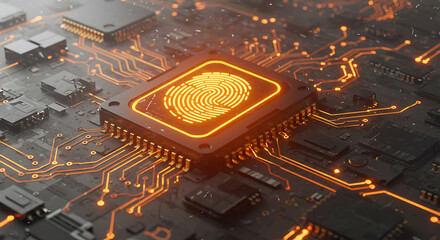 Poster - Digital Fingerprint: An eye-level, photorealistic shot of a high-tech computer chip with an illuminated fingerprint embedded into its core, showcasing advanced security and data protection.