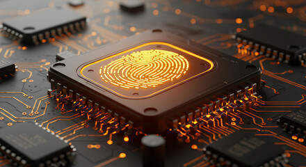 Poster - Biometric Security Chip: A fingerprint shimmers on a cutting-edge microchip, nestled on a detailed motherboard, symbolizing digital security and advanced technology.