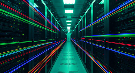 Poster - Data Center's Digital Stream: A vibrant display of data flow streaks through a high-tech data center, evoking a sense of rapid information transfer and technological advancement.