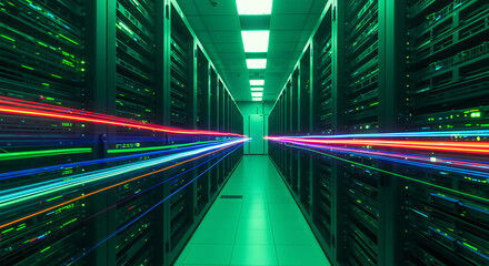 Poster - data center corridor: a perspective shot of a data center corridor with servers aligned, illuminated