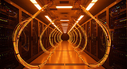 Poster - Digital Highway: Futuristic data center corridor lit with warm lights, symbolising the heart of the digital world and the flow of information.