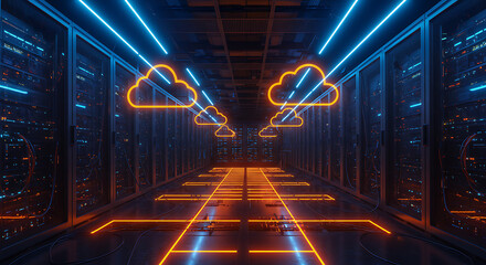 Poster - Cloud Data Corridor: A futuristic data center corridor with neon-lit cloud symbols, symbolizing secure data storage and accessibility in the digital age.