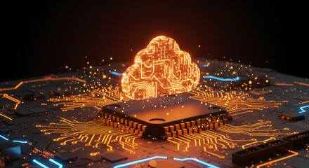 Poster - Neural Cloud Computing: A futuristic illustration depicting a glowing brain-shaped cloud computing network integrated into a sophisticated microchip.