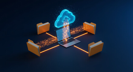 Poster - Cloud Data Connection: a detailed representation of data transmission and storage in the cloud using glowing effect.