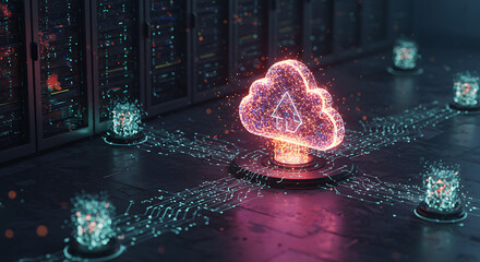 Poster - Digital Cloud Infrastructure: A high-tech depiction of digital cloud infrastructure, showcasing servers connected through a network, with data transfer illustrated.