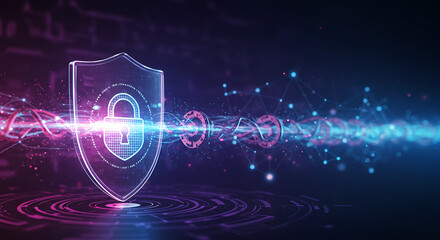 Poster - Cyber Shield: An illuminated shield icon, representing digital security, with a prominent lock emblem, sits amidst a vibrant array of interconnected data streams and glowing network connections.