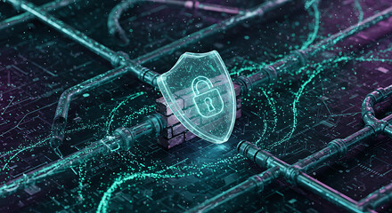Poster - Digital Fortress: A glowing shield bearing a padlock symbol superimposed upon a digital network, embodying cybersecurity and data protection