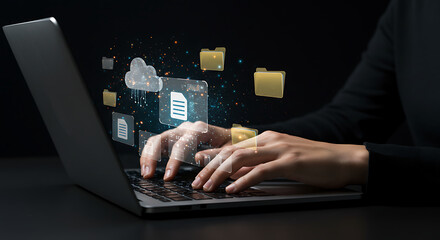 Fototapete - Data Stream: Woman's hand typing on a laptop with a cloud and data icons emerging from the screen, against a sleek dark.