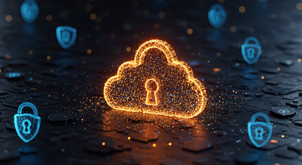 Poster - Secured Cloud Protection: Illuminated symbols of security, including a cloud, padlocks, and shields, glow against a dark, textured background, symbolizing data protection and digital safety.