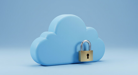 Poster - Secure Cloud: A digital rendering depicts a cloud with a padlock, symbolizing data security and protection in the digital age. It is clean and simple.