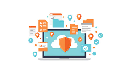 Poster - Cloud Security on Laptop: Illustrative scene showcasing cloud security on a laptop with a shield, documents, folders, locations, and ticks floating around the laptop, symbolizing data protection.