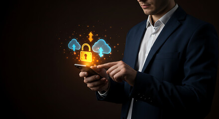 Poster - Digital Fortress: A sharp businessperson interacts with a holographic representation of a secure digital environment on their phone, showcasing cyber security.