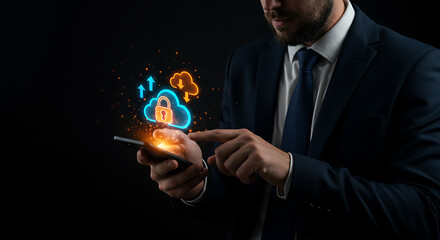 Poster - Smart Device & Cyber Security: A focused professional is deeply engaged with a digital display, surrounded by glowing cloud and data symbols.