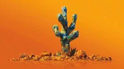 Poster - Low-poly cactus in a desert landscape.