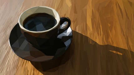 Poster - Polygon coffee cup on a wooden surface.