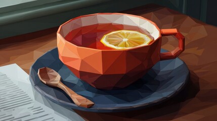 Poster - Low-poly teacup with lemon slice on a dark plate.