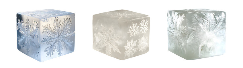 Fototapete - set of frosted ice cubes with intricate snowflake patterns. isolated on transparent background