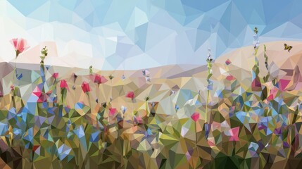 Aufkleber - Colorful polygonal field of wildflowers under a pale blue sky.