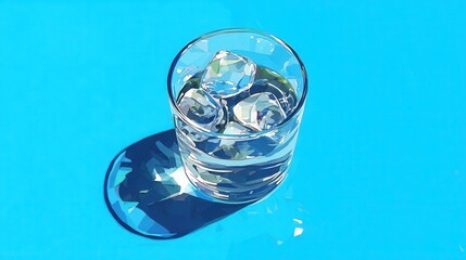 Poster - water glass with ice cubes on a blue surface.