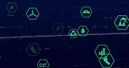Poster - On dashboard load, white dotted line oscillating with drifting eco hex icons visualizing eco trends