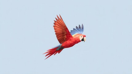 Poster - a polygonal parrot in flight against a pale blue sky.