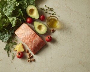 Aufkleber - Fresh Salmon Fillet with Avocado, Cherry Tomatoes, Pineapple, and Nuts on Butcher Block for Anti-Inflammatory Meal Planning and Nutrient Diversity Promotion