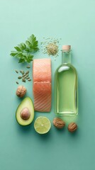 Aufkleber - Flatlay of Salmon Fillet, Avocado, Walnuts, Seeds, and Oil Bottle on Pastel Blue for Omega-3 Nutrition and Heart Health Campaign