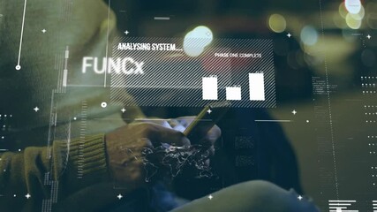 Poster - Mature man tapping smartphone and activating analysis overlay showing world map, chart bars, code