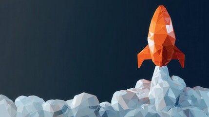 Poster - Orange rocket launching from a polygonal base.
