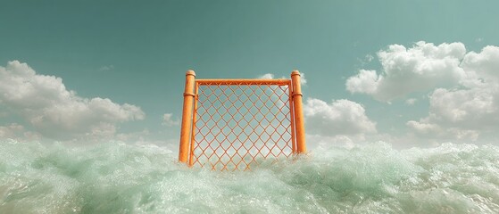 Aufkleber - Flood Monitoring Flash Flood Warning Sign Partially Submerged in Turbulent Waters Near Chain-Link Fence under Stormy Sky for Hazard Alert Systems