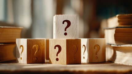 Poster - Minimalist Wooden Cubes with Single Check Mark Among Question Marks Symbolizing Clarity and Problem Solving for Education and Quiz Marketing