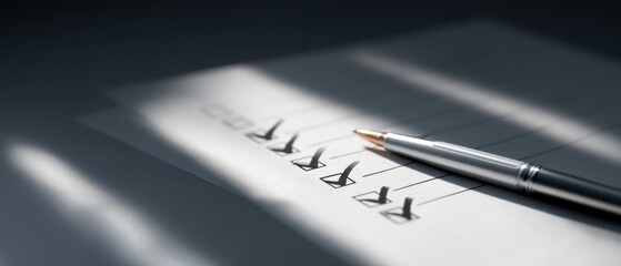 Poster - Minimalist Completion Checklist with Pen on Flat Surface, Symbolizing Organized Productivity and Efficient Task Management for Modern Business Innovation