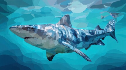 Poster - geometric illustration of a shark in aquatic environment.