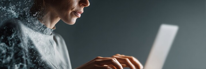 Poster - AI Ethics Businesswoman Using Laptop with Augmented Reality Digital Icons in Modern Workspace Highlighting Responsibility and Compliance