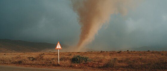 Aufkleber - Tornado Warning Road Sign with Exclamation Mark under Dramatic Clouds Highlighting Severe Weather Alert for Community Safety and Hazard Prevention