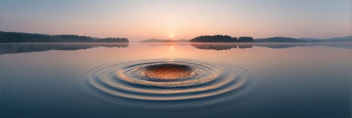 Aufkleber - Calming Wellness Scene with Crystal Singing Bowl Ripple on Still Lake Surface at Sunrise for Mindfulness and Breath Therapy