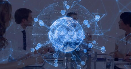 Poster - Business team tapping tablet in meeting room, generating holographic globe visualizing data network