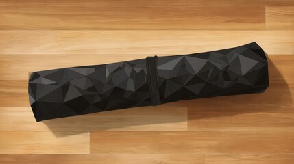 Poster - Rolled-up mat with a geometric design on a wooden surface.