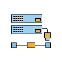 Fototapete - A colorful icon illustrating two server units connected within a network setup. Ideal for data center, IT infrastructure, cloud computing, and technology themes.