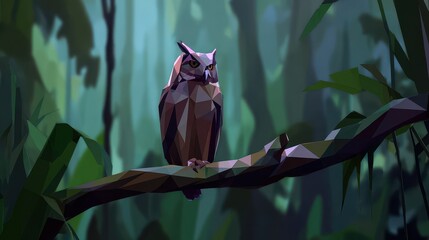 Poster - Low-poly owl perched on a branch in a jungle.