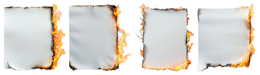 Wall Mural - png four burning paper sheets with flames on the edges element set on transparent background.