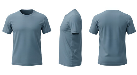 a three-dimensional view of a plain blue t-shirt displayed from multiple angles, emphasizing its tex