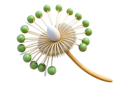 Stylized dandelion seed head with green seeds