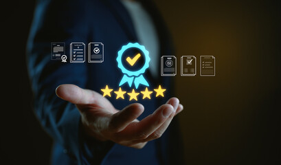 Poster - Quality assurance and certification concept showing five-star service, compliance documents, and verified standards, perfect for branding, trust building, and product credibility. Top of service.