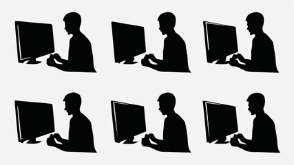 Poster - Silhouette pattern of people using computers showing office work and technology integration in digital age
