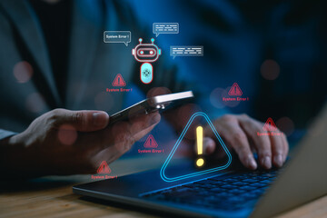 Poster - AI system error detection concept with chatbot alert symbols, highlighting machine learning technology for identifying issues, bugs and failures in digital or software systems.