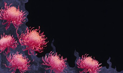 Wall Mural - Phantasmal chrysanthemums weeping liquid fire, Japanese wave pattern borde, Generative AI