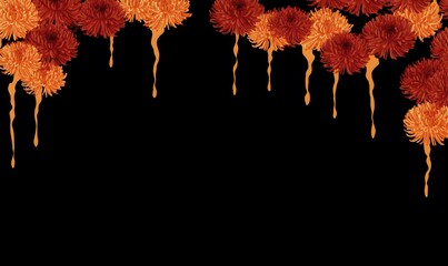 Wall Mural - Phantasmal chrysanthemums weeping liquid fire, Japanese wave pattern borde, Generative AI