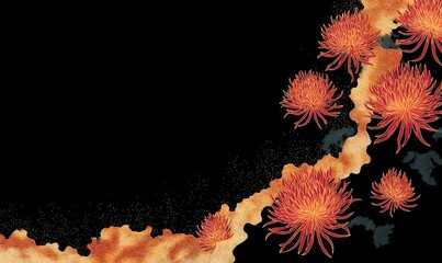 Wall Mural - Phantasmal chrysanthemums weeping liquid fire, Japanese wave pattern borde, Generative AI