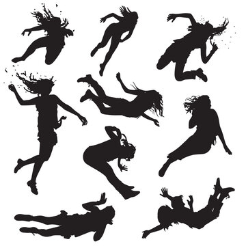 set of falling people silhouettes. vector silhouettes of people falling from a great height. falling female silhouette